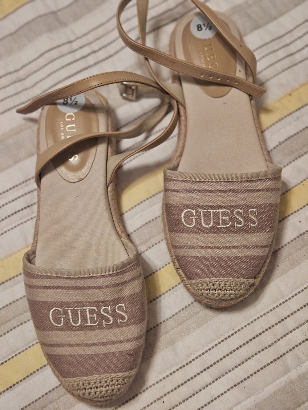 GUESS Tan Striped Espadrille Sandals with Ankle Straps
